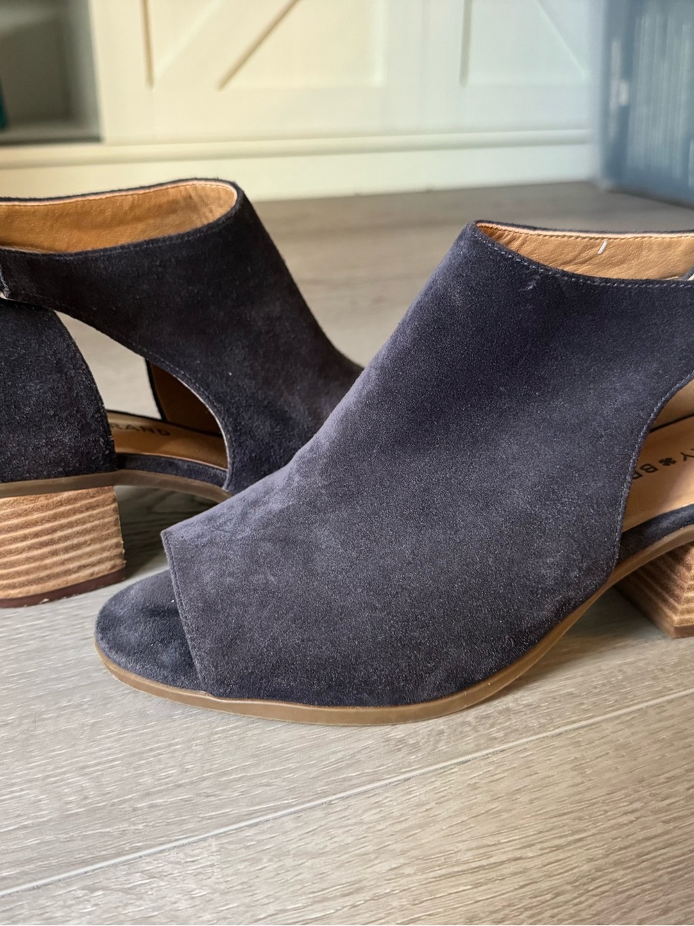 Lucky Brand Black Suede Peep-Toe Block Heel Mules